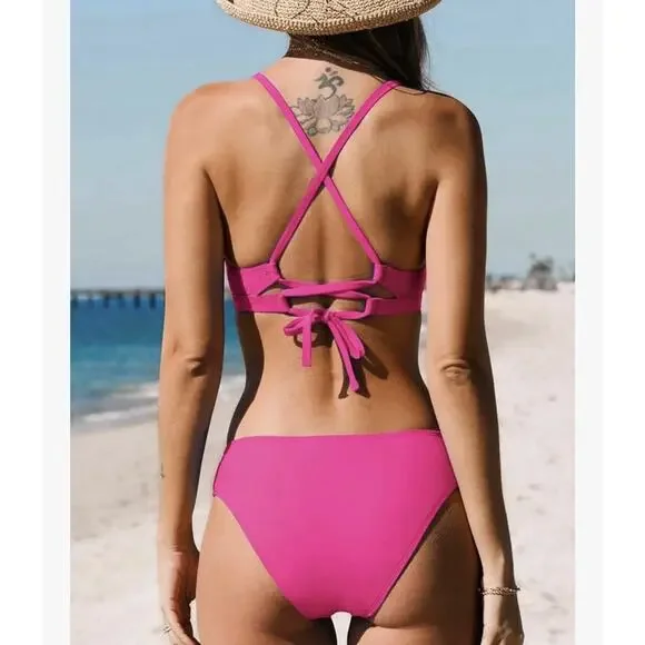 Cupshe Womens's Size Small Hot Pink Crisscross Back Tie Bikini Set NWT - Picture 2 of 6